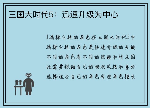三国大时代5：迅速升级为中心